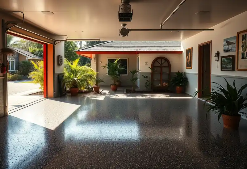 Illustration of garage floor with a glossy flake epoxy coating, as found in 1982-era homes